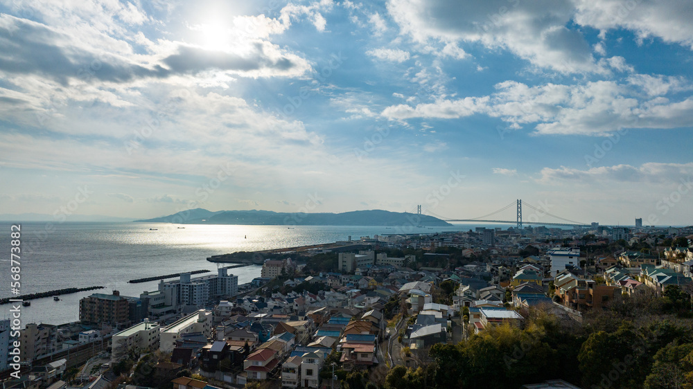 2023年1月　神戸市垂水区塩屋上空から明石海峡大橋方面の街並み