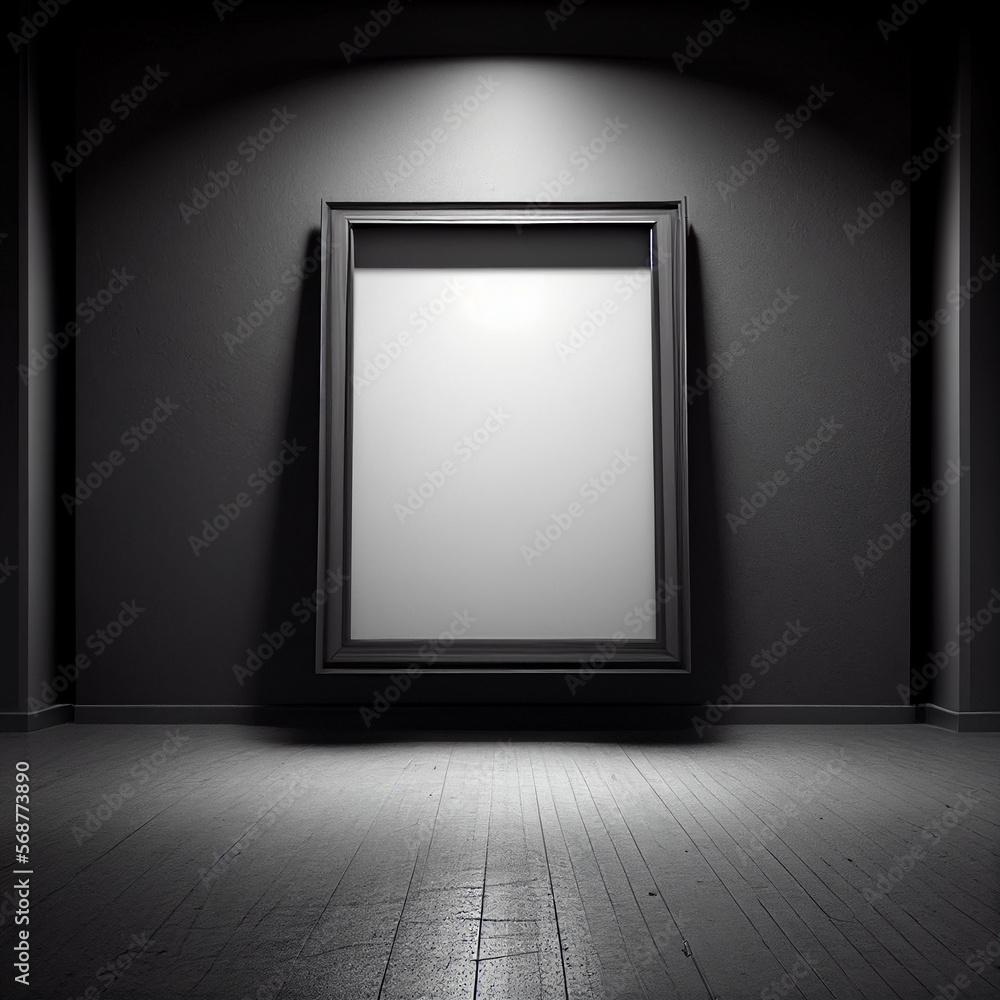 Mock up frame display, black and white, dark ambiance. Mock up frame display, black and white, dark ambiance.