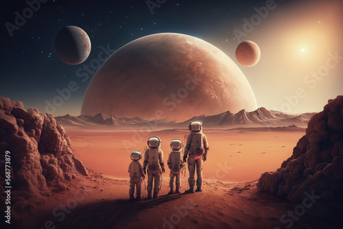 An astronaut family including children holidaying in planet Mars. Digital illustration created using Generative AI