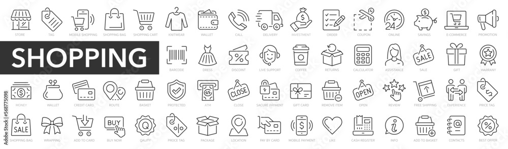 Shopping and retail line icons set. E-Commerce and retail outline icons collection. Shopping, gifts, store, shop, delivery, marketing, store, money, price - stock vector. - obrazy, fototapety, plakaty 