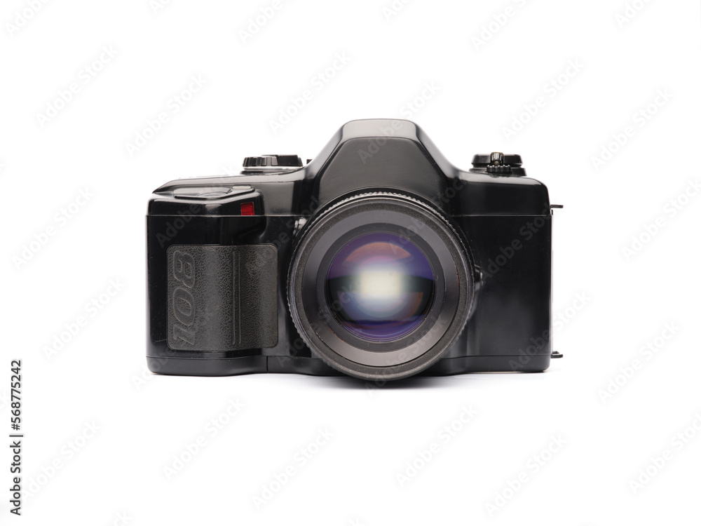 old film slr photo camera with classic 50mm portrait lens on white isolated background