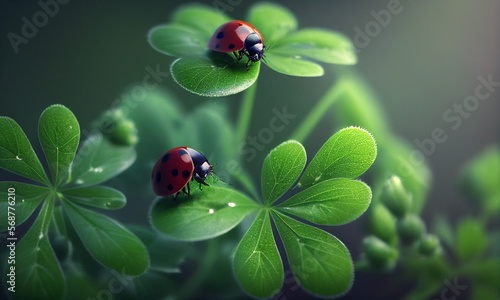 ladybug on green clover leaves