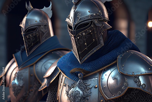 A cavalry of strong mature knights dressed in scale mail armor. Generative AI.