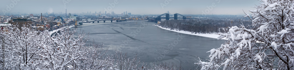 Landscape panoramic view of the Dnieper river with bridges in Kiev.Ukraine
