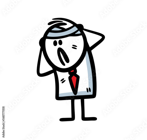 Stick figure man with a bandaged head in the hospital.