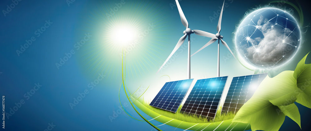renewable energy banner background with green energy as wind turbines