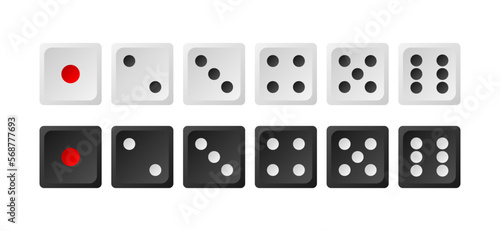 Dice Game with white and black cubes collection. Gambling dices to play in casino, dice from one to six dots. Vector illustration.