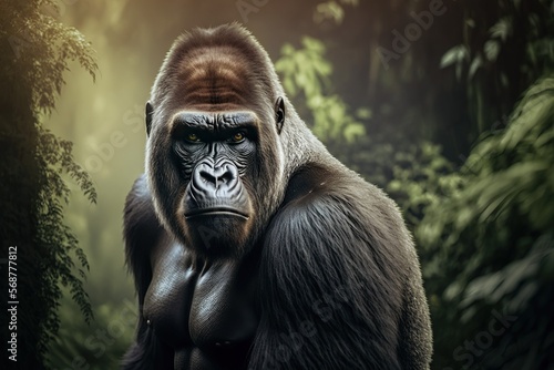 Portrait face powerful dominant male gorilla on black background  Beautiful Portrait of a Gorilla. severe silverback  anthropoid ape  stern face. isolated black background Generative AI