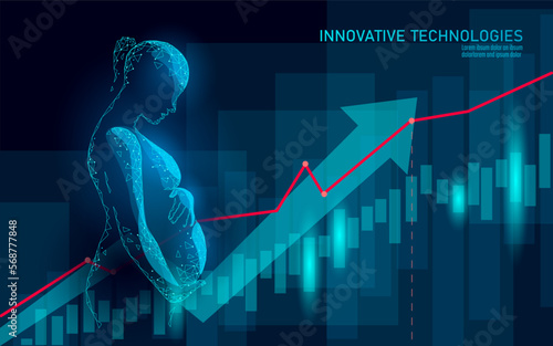 Low poly 3D pregnant woman. Medicine health care pregnancy healthy business concept. Polygonal girl silhouette holding big belly in vitro fertilization. Medical center birth help IVF modern concept