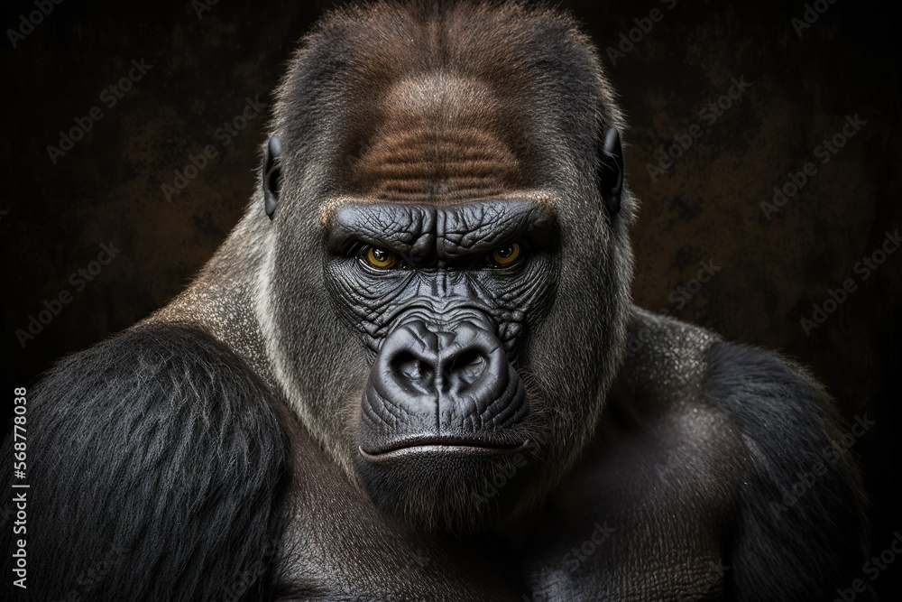 Portrait face powerful dominant male gorilla on black background, Beautiful Portrait of a Gorilla. severe silverback, anthropoid ape, stern face. isolated black background,Generative AI