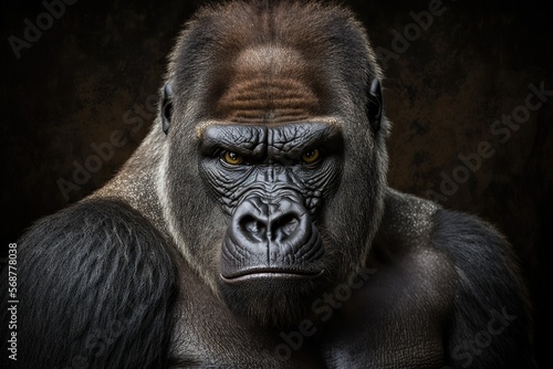 Portrait face powerful dominant male gorilla on black background, Beautiful Portrait of a Gorilla. severe silverback, anthropoid ape, stern face. isolated black background,Generative AI