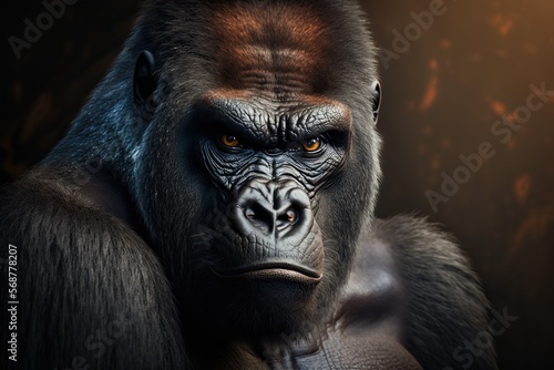 Portrait face powerful dominant male gorilla on black background, Beautiful Portrait of a Gorilla. severe silverback, anthropoid ape, stern face. isolated black background,Generative AI