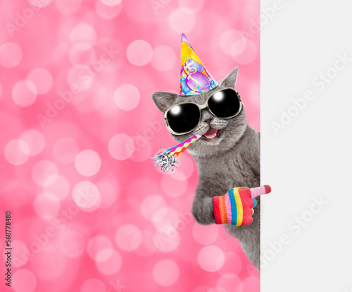 Happy cat wearing sunglasses and party cap looks from  behind empty white banner and points on empty banner.  Shade trendy color of the year 2023 - Viva Magenta background. Empty space for text