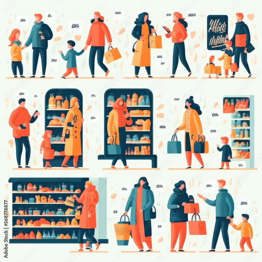 Naklejka premium set of people go to shopping, woman and kid choosing products in store, Family Shopping, Vector Illustration, Made by AI,Artificial intelligence