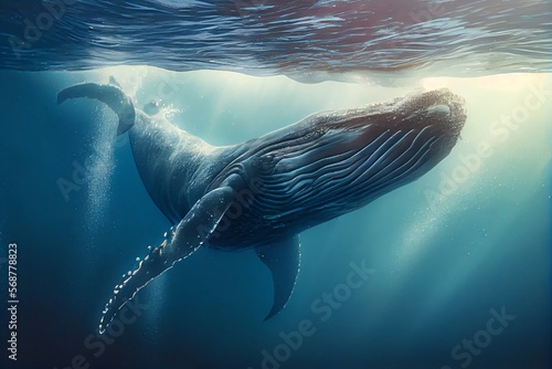 A beautiful Humpback whale is swimming in the ocean. A whale in its native element. Generative AI © Pixel Matrix