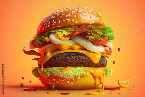 Big beautiful juicy burger with meat and vegetables. Big hamburger on yellow background. Generative AI