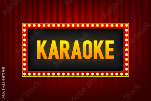 Karaoke in Retro lightbox with light bulbs on a silky luxury curtain stage. Vintage night club signboard mockup. Red commercial announcement banner. Vector illustration.