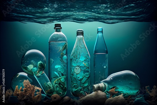 empty glass bottles and plastic waste floating in turquoise seawater. Generative AI