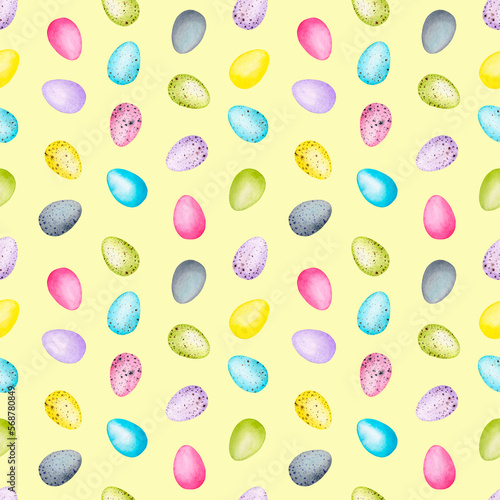 Seamless watercolor pattern with Easter decor on a yellow background. Watercolor design for packaging, wrapping, wallpaper, fabric, textile.