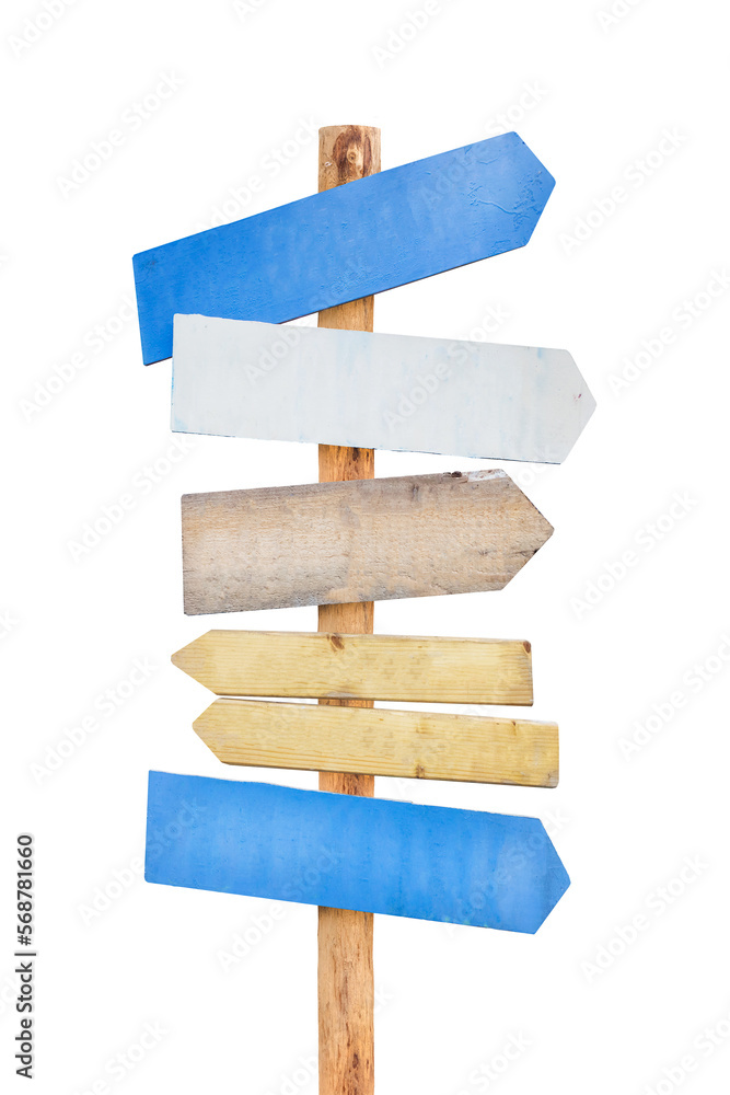 Colorful wooden direction arrow signs on a wooden pole - obrazy, fototapety, plakaty 