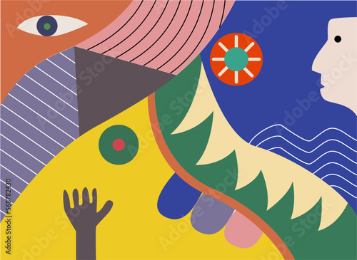 Deconstructed postmodern illustrations of vector abstract symbols with bold geometric shapes