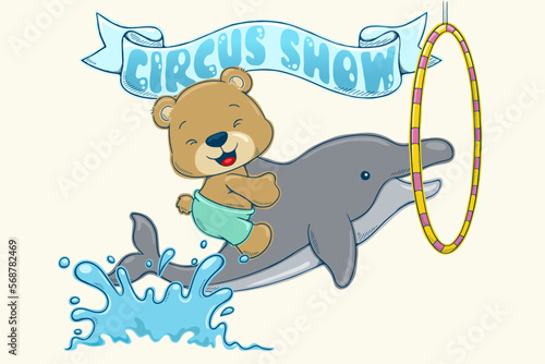Vector illustration in hand drawn concept, cartoon cute bear riding dolphin jumping through a ring