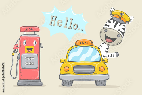 Vector illustration in hand drawn concept, cartoon zebra driving taxi with smiling gas pump