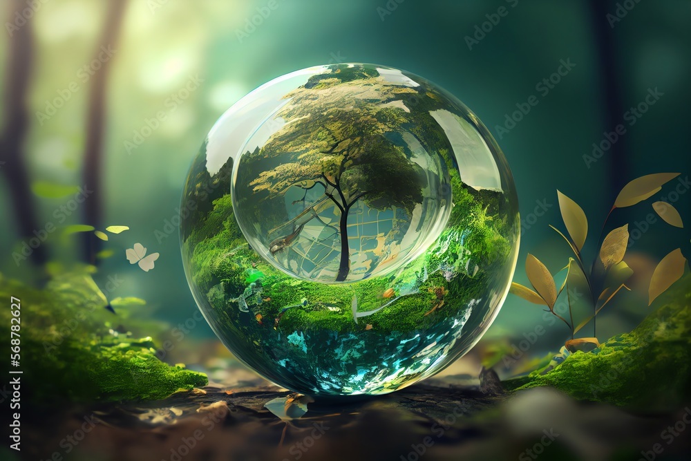 World environment and earth day concept with glass globe and eco friendly enviroment. Generative AI