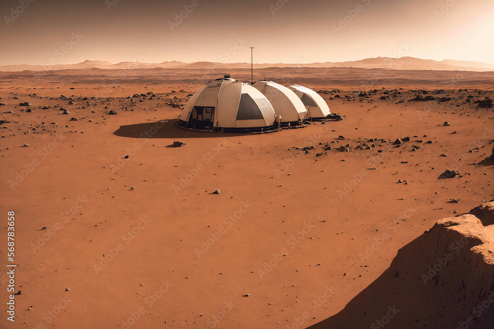 view of three round white tent buildings on a dry red desert surface of the mars planet with some rocks and hills in background horizon as first mars colony concept illustration, generative AI