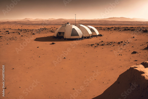 view of three round white tent buildings on a dry red desert surface of the mars planet with some rocks and hills in background horizon as first mars colony concept illustration, generative AI