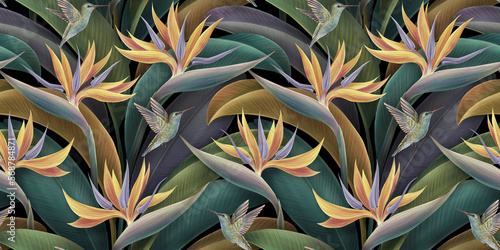 Wallpaper Mural Wallpaper, mural with hummingbirds, banana leaves in pastel colors. Paradise bird flowers seamless pattern, tropical background, premium texture. Luxury hand-painted 3d illustration, watercolor art Torontodigital.ca