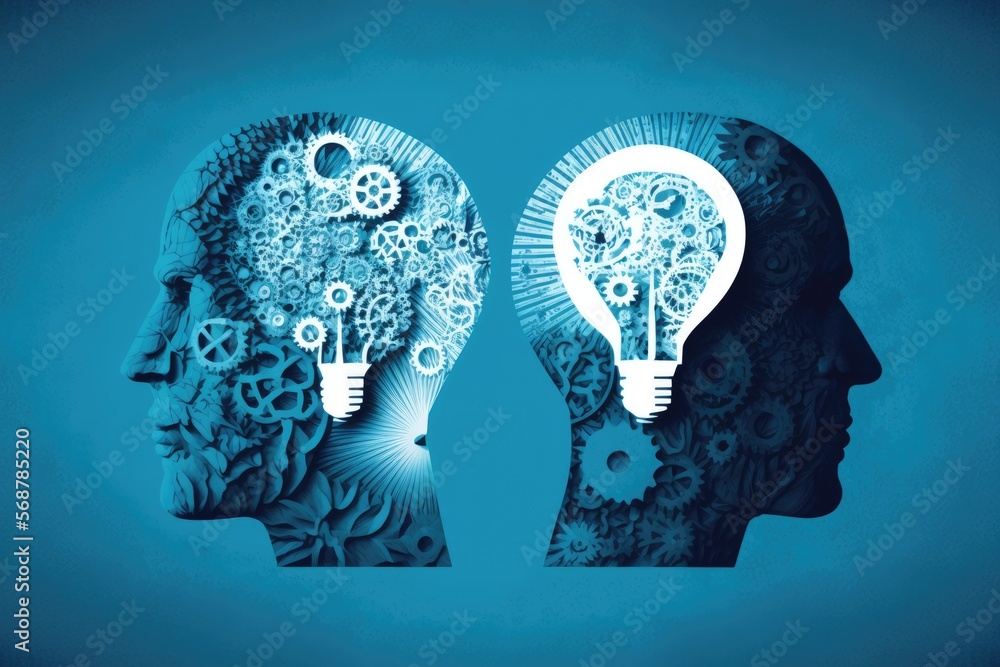 Illustration of two human heads made of gears with light bulb shape inside looking each side at blue background. Generative AI illustration. Illustration of two human heads made of gears with light bulb shape inside looking each side at blue background. Generative AI illustration.
