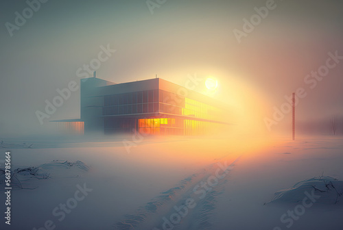 Architecture in the fog in winter. Generative AI.