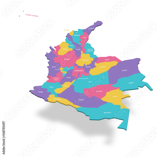 Colombia political map of administrative divisions - departments and capital district. 3D colorful vector map with name labels.