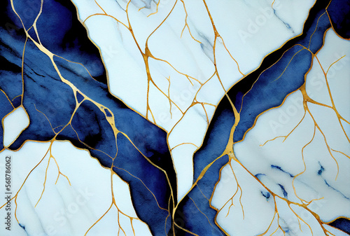 Blue and gold veins of Kintsugi or kintsukuroi abstract background, imitation of watercolor painting created with Generative AI technology photo