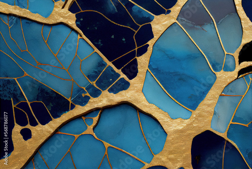 Blue and gold veins of Kintsugi or kintsukuroi abstract background, imitation of watercolor painting created with Generative AI technology