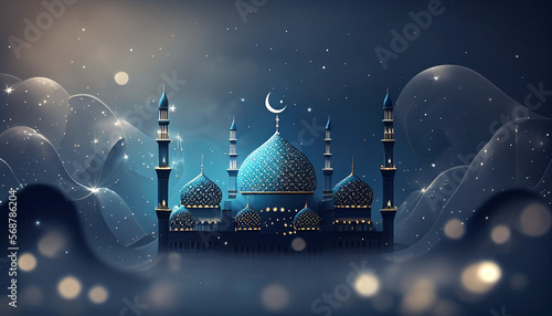 Luxury ramadan background with mosque, star, and bokeh in blue color tone. Generative AI photo