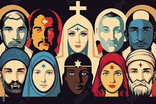 Illustration of a group of people from different religions all together as a symbol of mutual respect. Generative AI illustration.