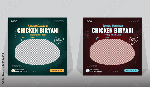 Fast food social media template for restaurant, Super Delicious chicken biryani Design, green background.