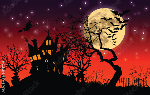 Haunted halloween house with bats and witch