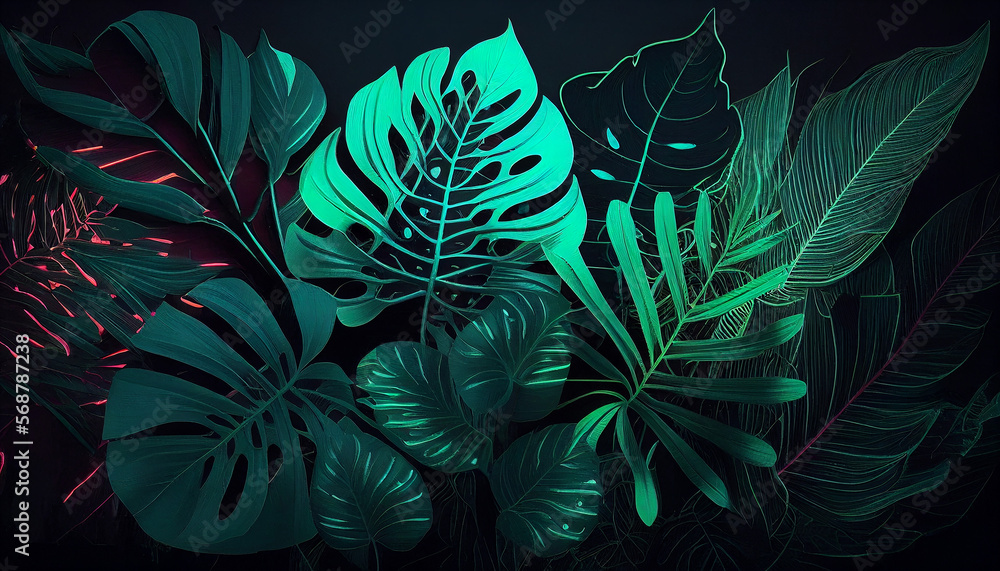 Dark green tropical leaves colorful neon light, backlight, leaves composition, plant background, monstera, palm leaves. Generative AI