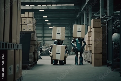 Future logistic warehouse development concept. Robots carrying boxes.. Generative AI illustration.