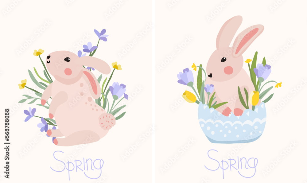 Composition with a cute rabbit, spring flowers, green leaves on the inscription spring. Bright compositions for posters, banners, cards, Easter, spring holidays. Vector graphics.