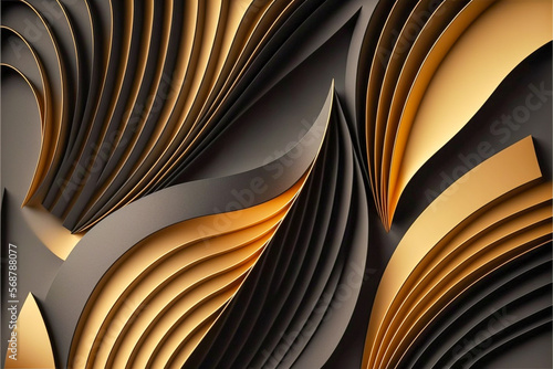 Abstract paper cut background with lines and 3d leaves. Black and golden colors, Generative AL