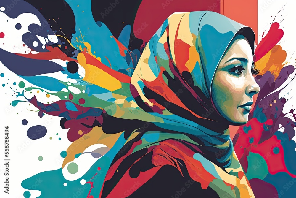 Naklejka premium Muslim woman with coloured hijab. Generative AI illustration.