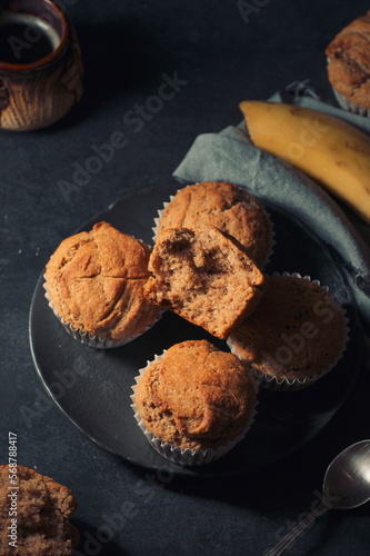 Delicious homemade vegan banana muffins close-up.