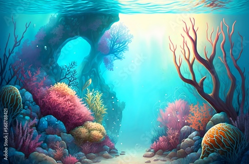 Colorful bright cartoon ocean floor with algae corals and rocks in a watercolor style.AI generated.