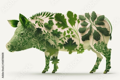 Pig made of plants. Generative AI illustration.