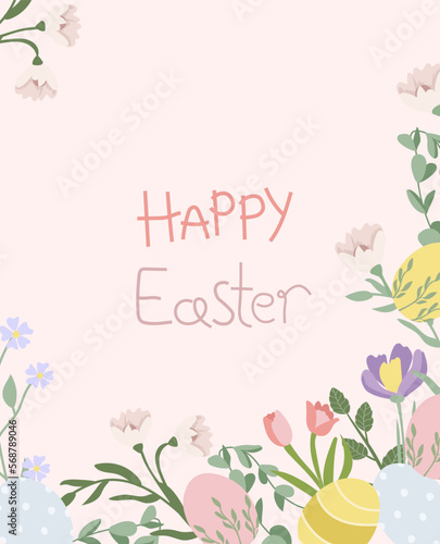 Happy Easter greeting card. Bright compositions with spring flowers, Easter eggs, leaves. Spring flowering. Vector graphics.