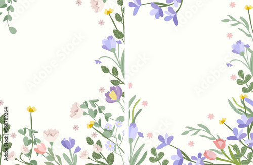 Combo of bright posters with spring flowers, tulip, crocus, lavender and green leaves. Postcards Spring flowering. Ideal for banners, cards, posters. Vector illustration. © YustynaOlha